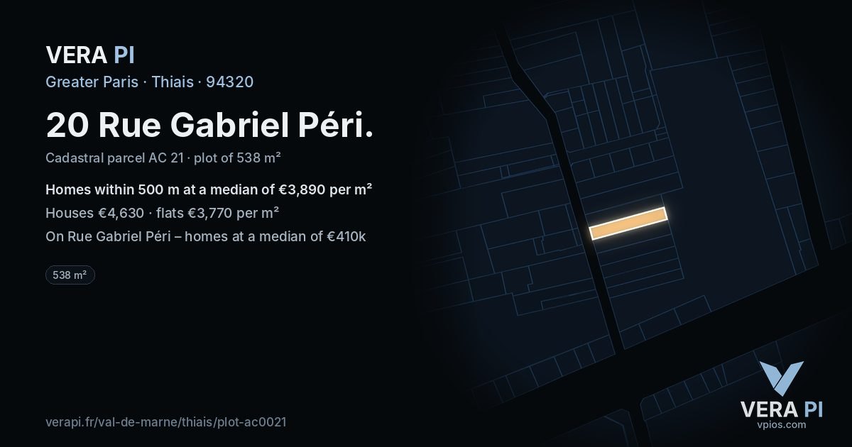 20 Rue Gabriel Péri, Thiais at night – the plot lit, the parcels around coloured by the prices near them