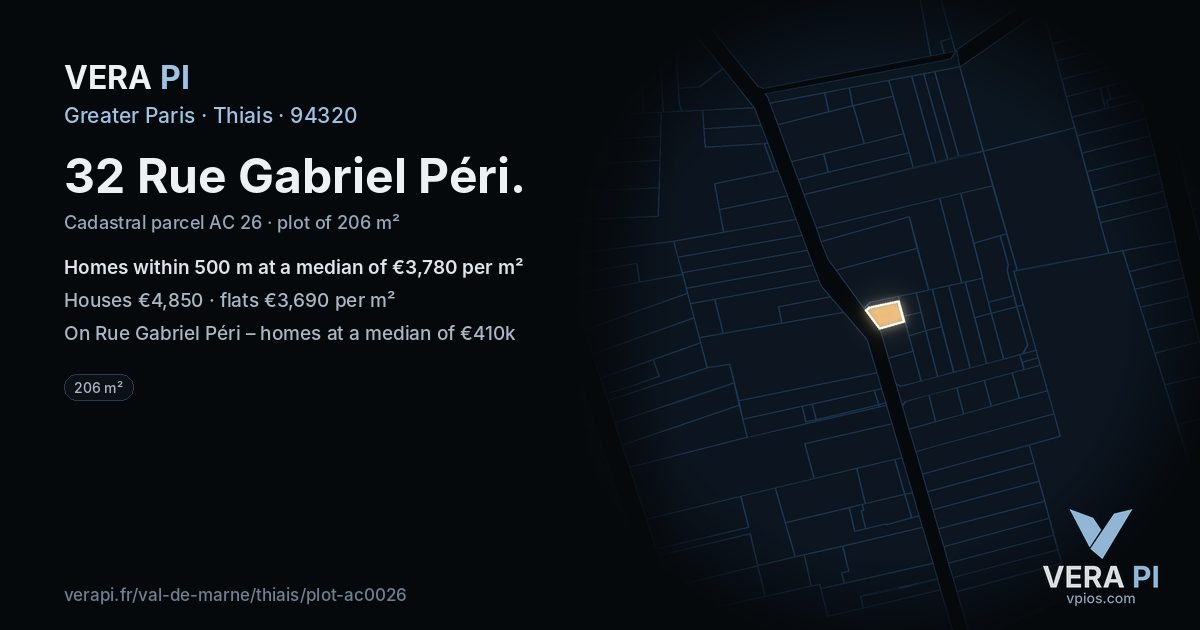 32 Rue Gabriel Péri, Thiais at night – the plot lit, the parcels around coloured by the prices near them