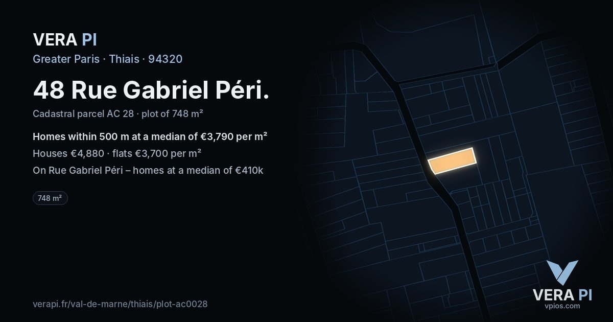 48 Rue Gabriel Péri, Thiais at night – the plot lit, the parcels around coloured by the prices near them