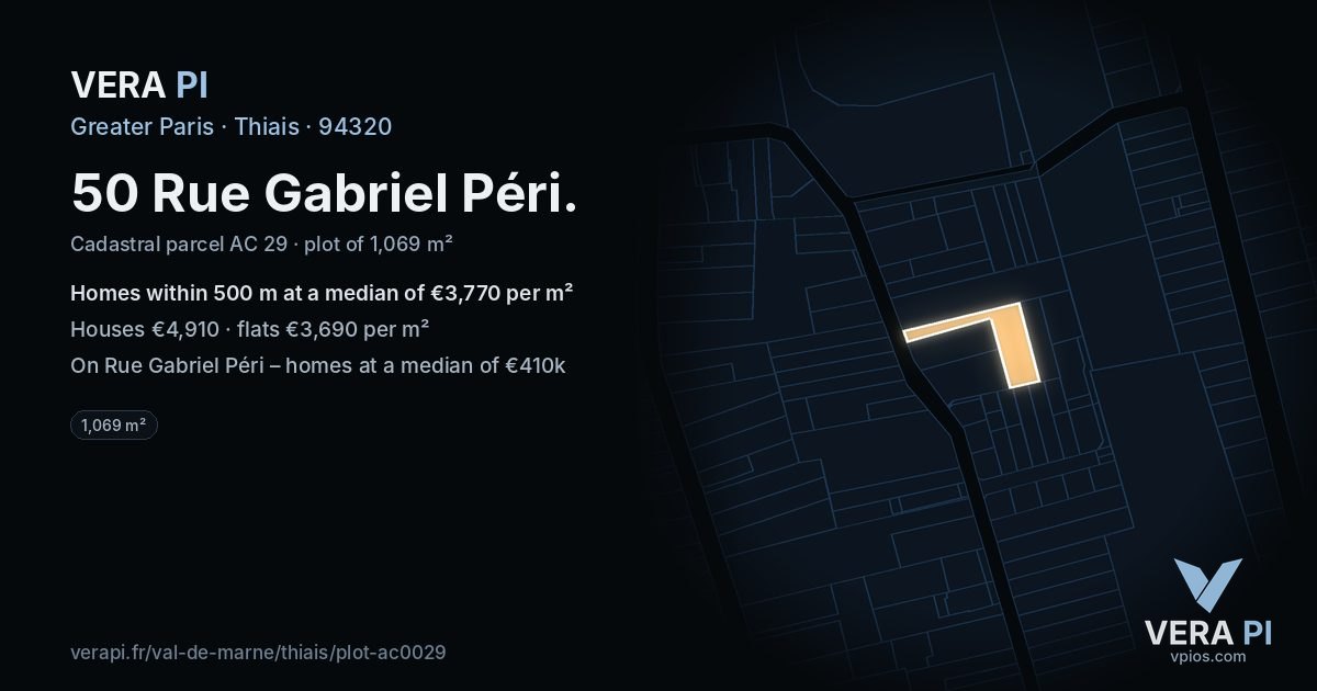 50 Rue Gabriel Péri, Thiais at night – the plot lit, the parcels around coloured by the prices near them