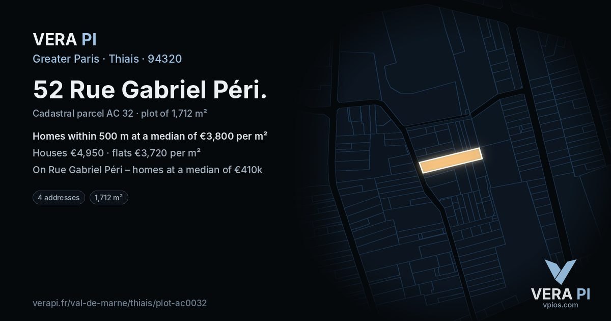 52 Rue Gabriel Péri, Thiais at night – the plot lit, the parcels around coloured by the prices near them