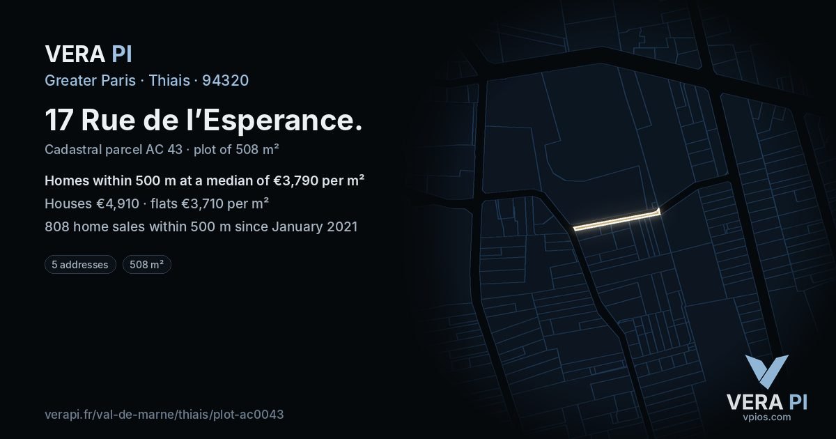 17 Rue de l’Esperance, Thiais at night – the plot lit, the parcels around coloured by the prices near them
