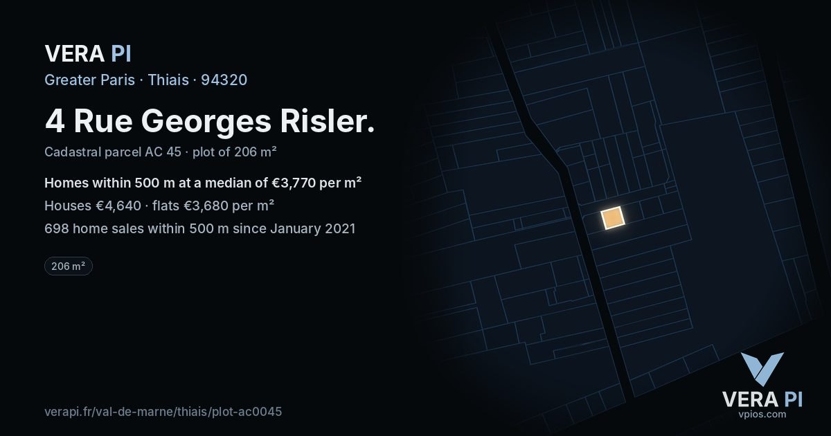 4 Rue Georges Risler, Thiais at night – the plot lit, the parcels around coloured by the prices near them
