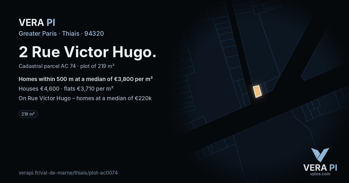 2 Rue Victor Hugo, Thiais at night – the plot lit, the parcels around coloured by the prices near them