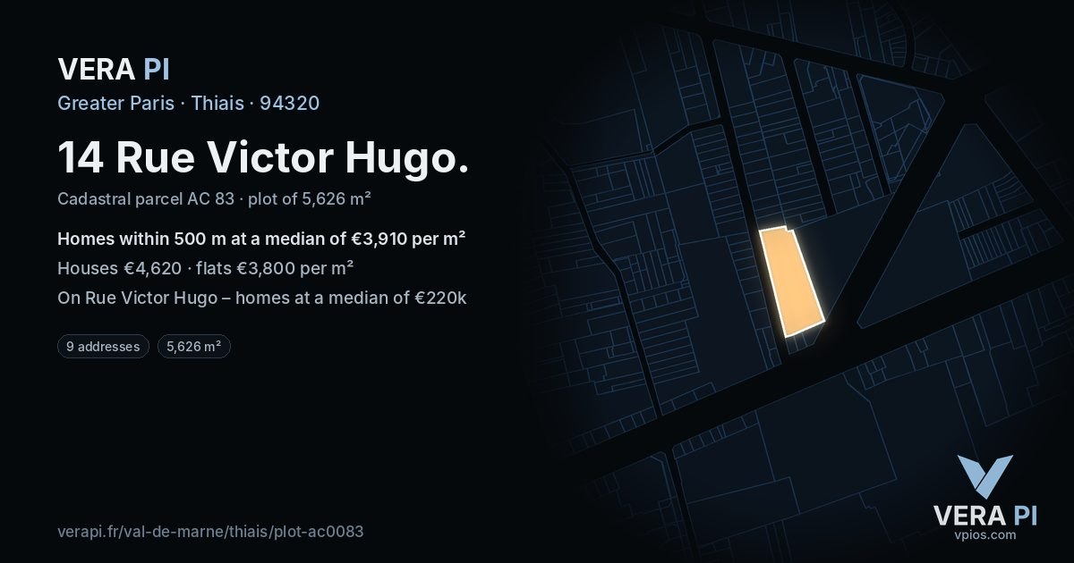 14 Rue Victor Hugo, Thiais at night – the plot lit, the parcels around coloured by the prices near them