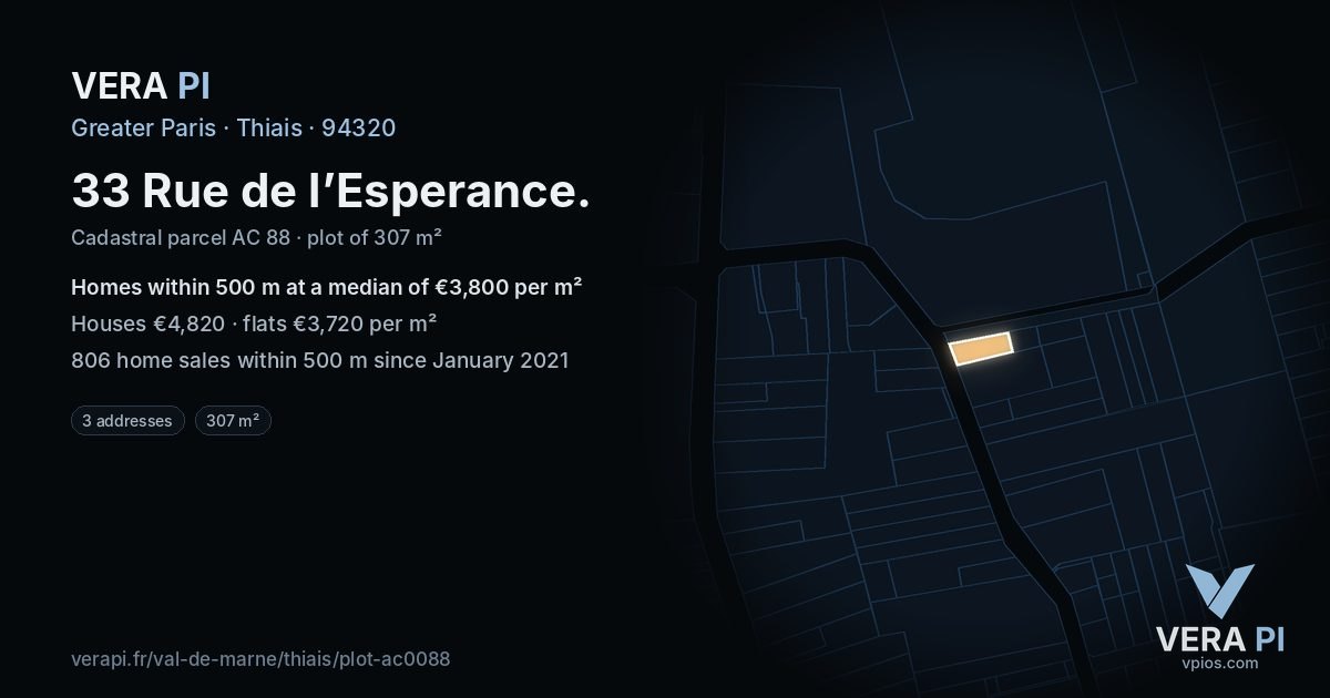33 Rue de l’Esperance, Thiais at night – the plot lit, the parcels around coloured by the prices near them