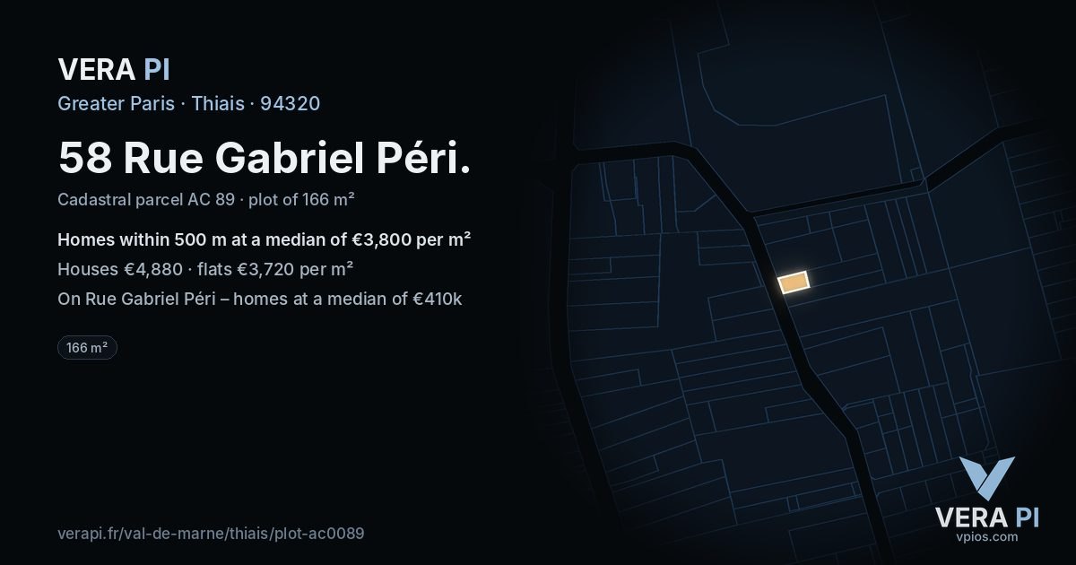 58 Rue Gabriel Péri, Thiais at night – the plot lit, the parcels around coloured by the prices near them