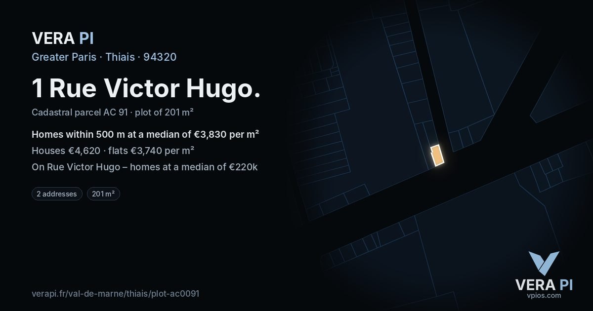 1 Rue Victor Hugo, Thiais at night – the plot lit, the parcels around coloured by the prices near them