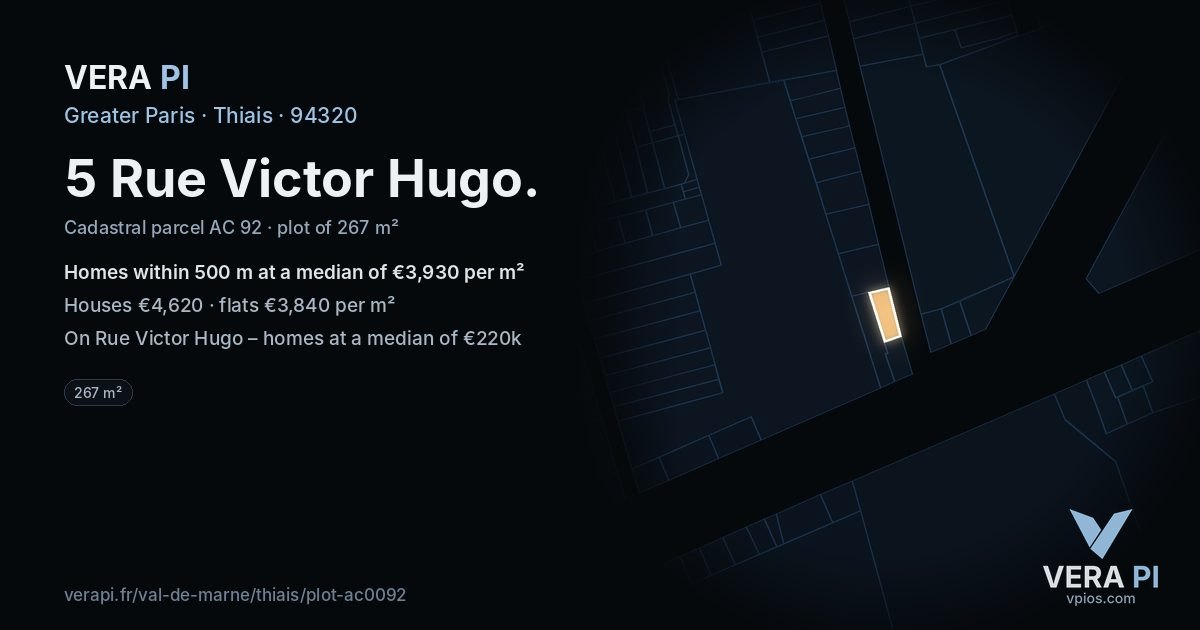 5 Rue Victor Hugo, Thiais at night – the plot lit, the parcels around coloured by the prices near them