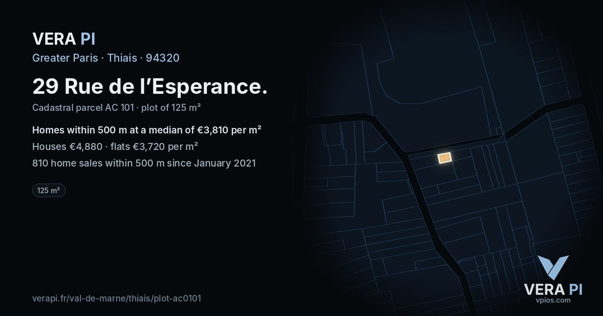 29 Rue de l’Esperance, Thiais at night – the plot lit, the parcels around coloured by the prices near them