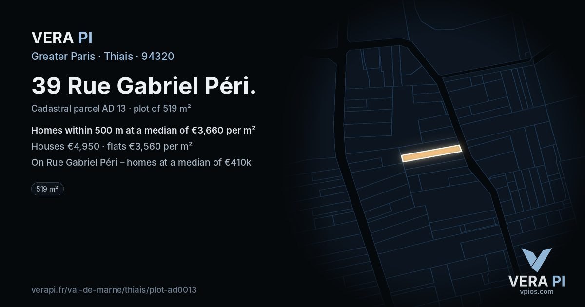 39 Rue Gabriel Péri, Thiais at night – the plot lit, the parcels around coloured by the prices near them