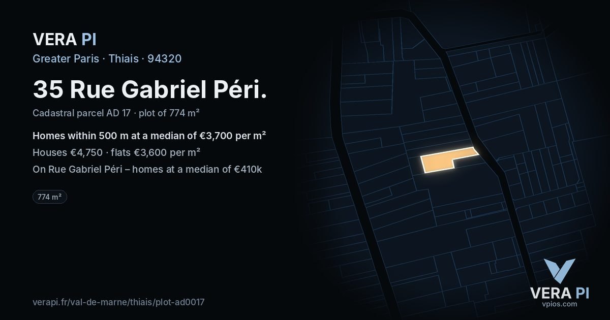 35 Rue Gabriel Péri, Thiais at night – the plot lit, the parcels around coloured by the prices near them