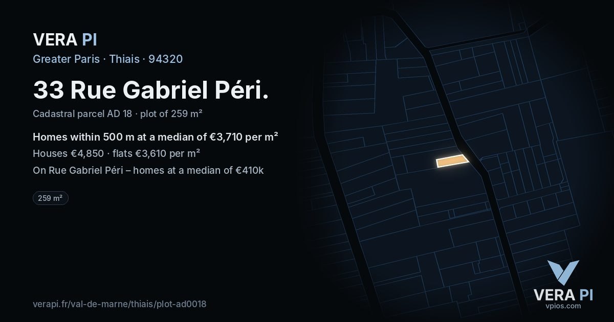 33 Rue Gabriel Péri, Thiais at night – the plot lit, the parcels around coloured by the prices near them