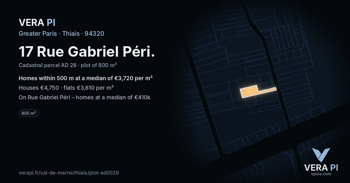 17 Rue Gabriel Péri, Thiais at night – the plot lit, the parcels around coloured by the prices near them