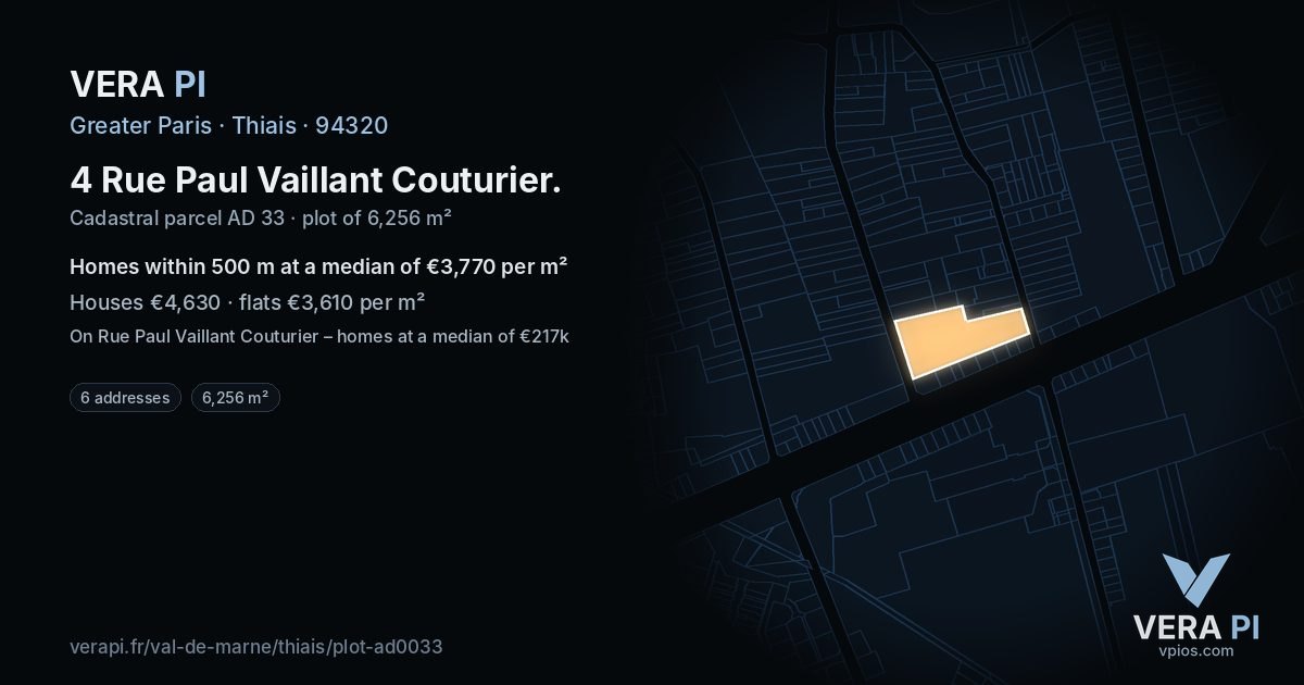 4 Rue Paul Vaillant Couturier, Thiais at night – the plot lit, the parcels around coloured by the prices near them