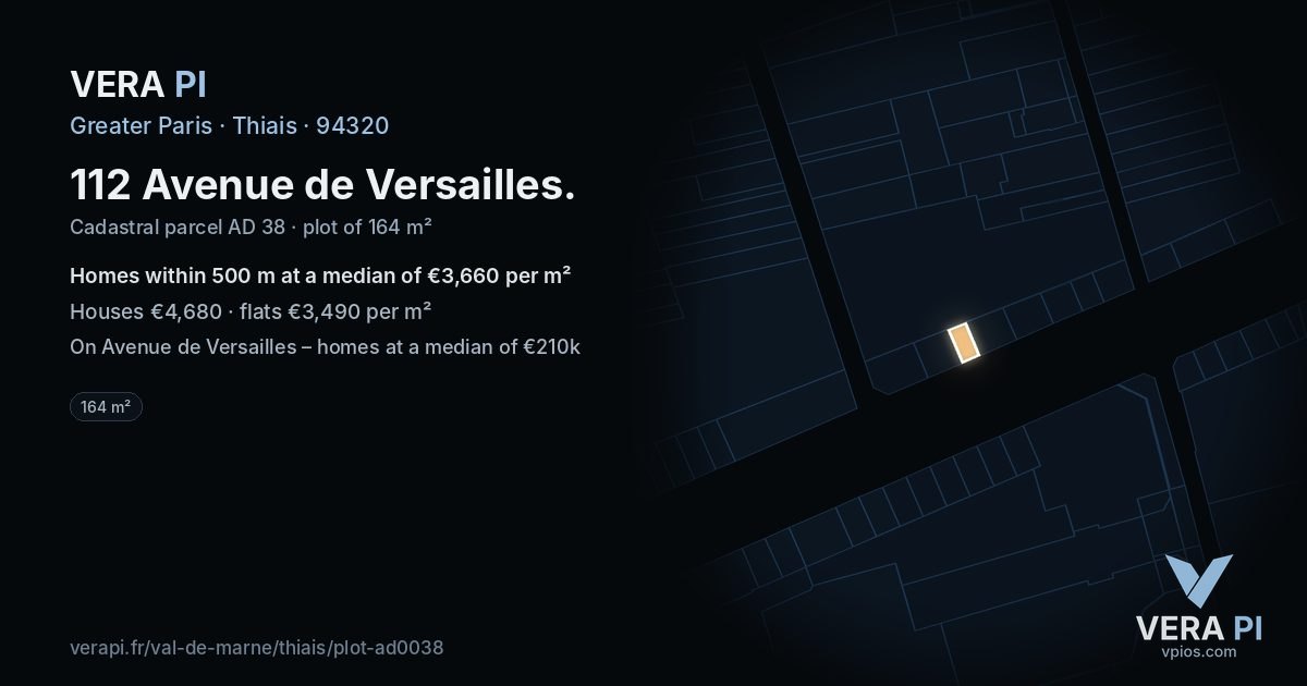 112 Avenue de Versailles, Thiais at night – the plot lit, the parcels around coloured by the prices near them