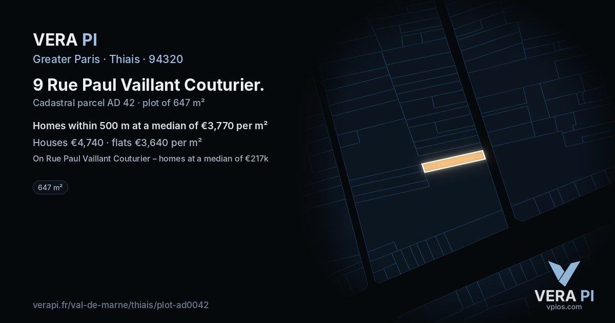 9 Rue Paul Vaillant Couturier, Thiais at night – the plot lit, the parcels around coloured by the prices near them