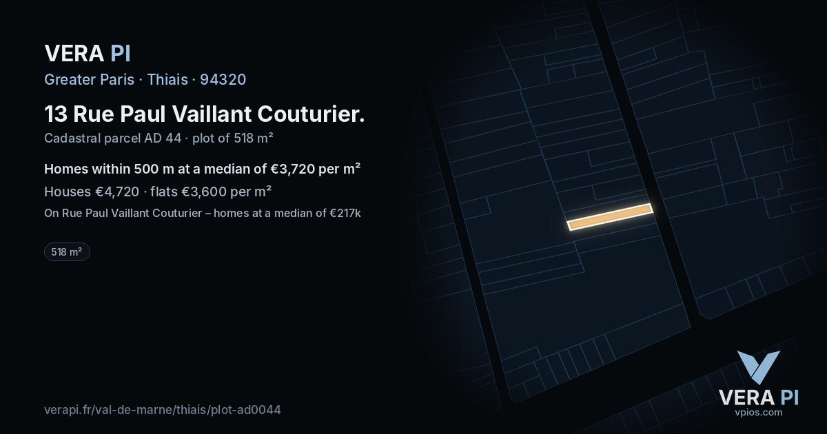 13 Rue Paul Vaillant Couturier, Thiais at night – the plot lit, the parcels around coloured by the prices near them