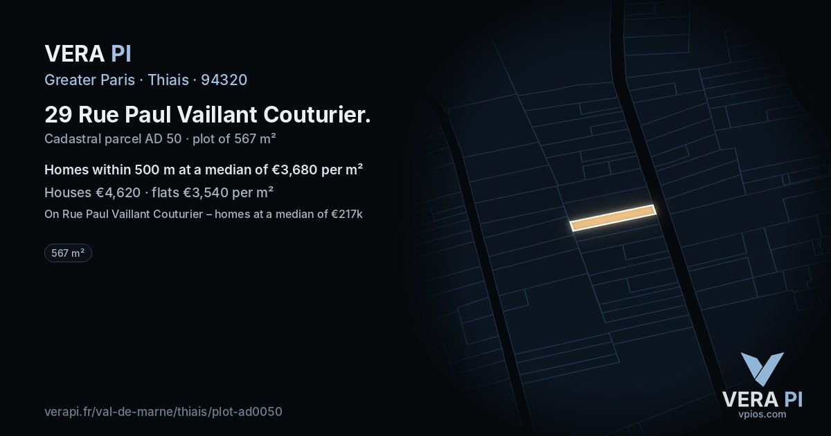 29 Rue Paul Vaillant Couturier, Thiais at night – the plot lit, the parcels around coloured by the prices near them