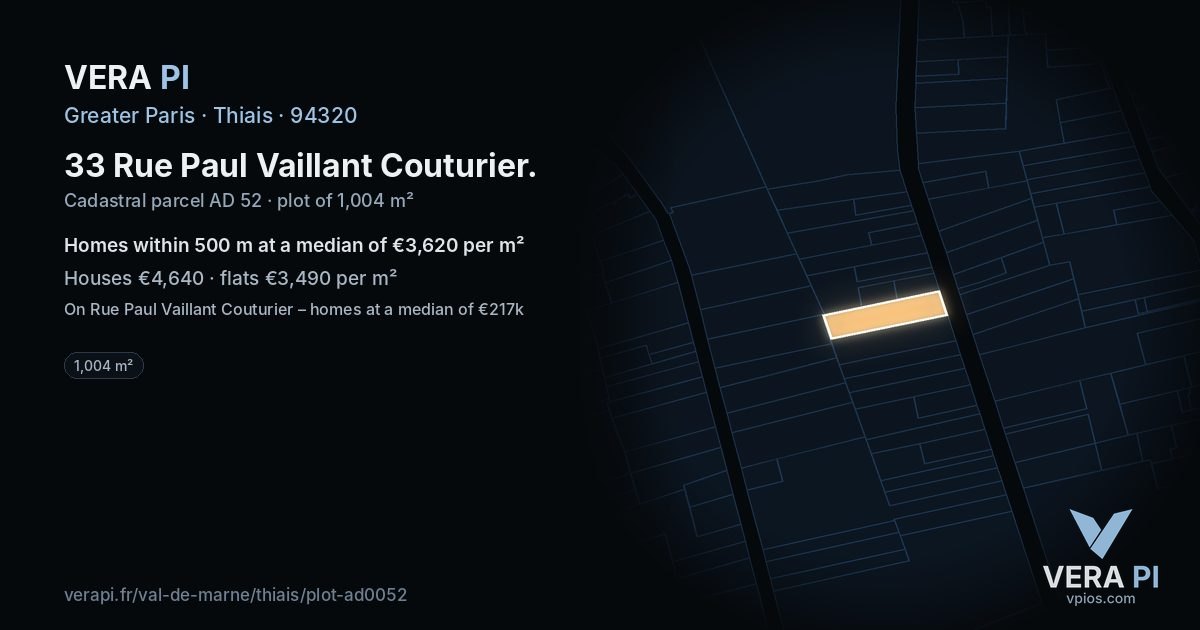 33 Rue Paul Vaillant Couturier, Thiais at night – the plot lit, the parcels around coloured by the prices near them