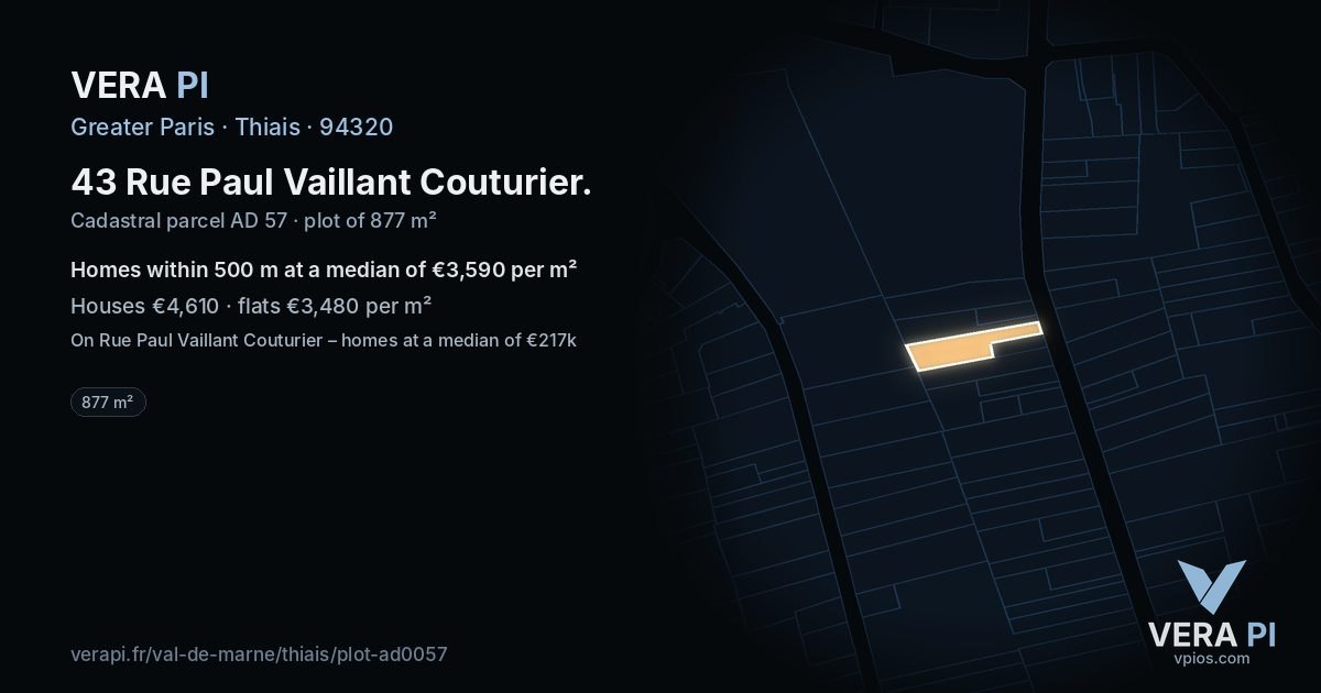 43 Rue Paul Vaillant Couturier, Thiais at night – the plot lit, the parcels around coloured by the prices near them