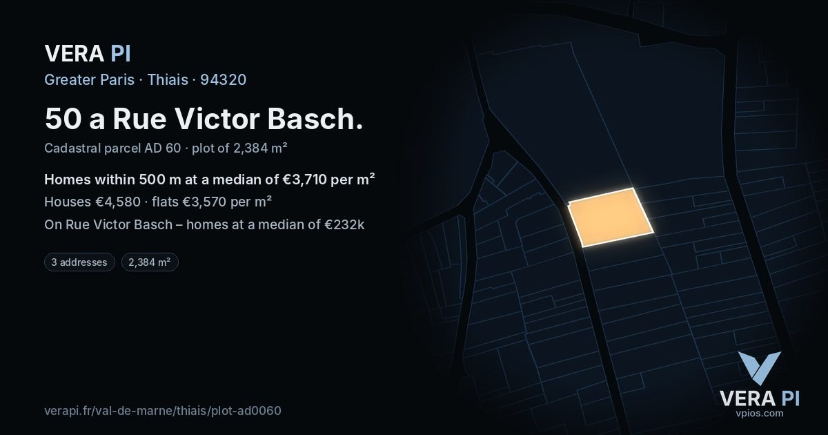 50 a Rue Victor Basch, Thiais at night – the plot lit, the parcels around coloured by the prices near them