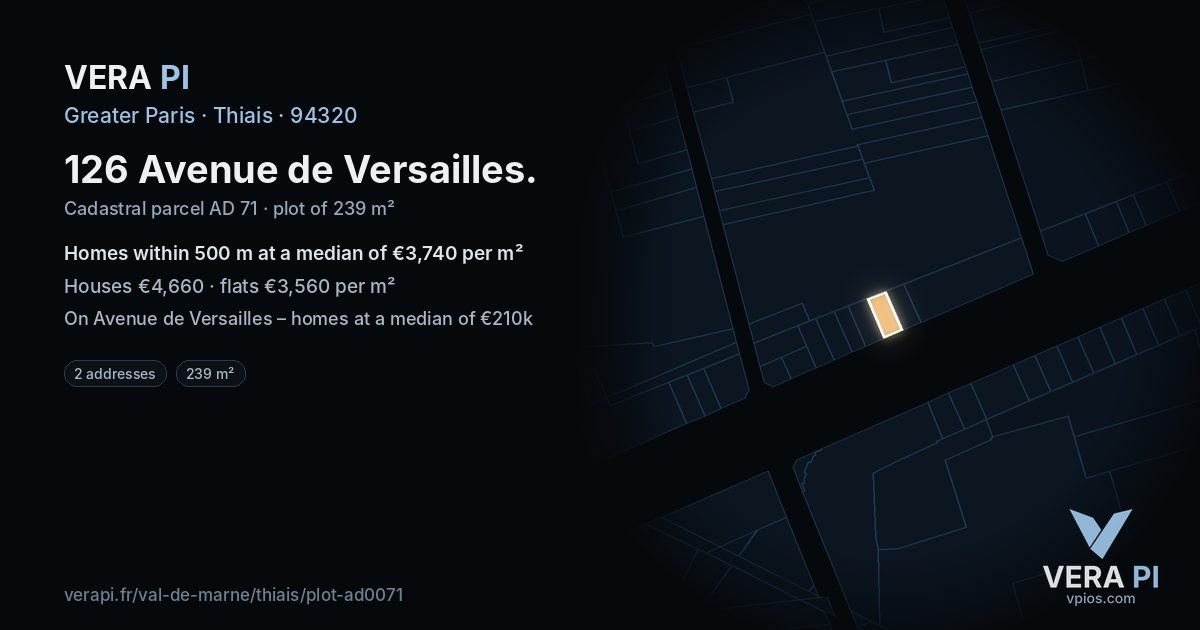 126 Avenue de Versailles, Thiais at night – the plot lit, the parcels around coloured by the prices near them