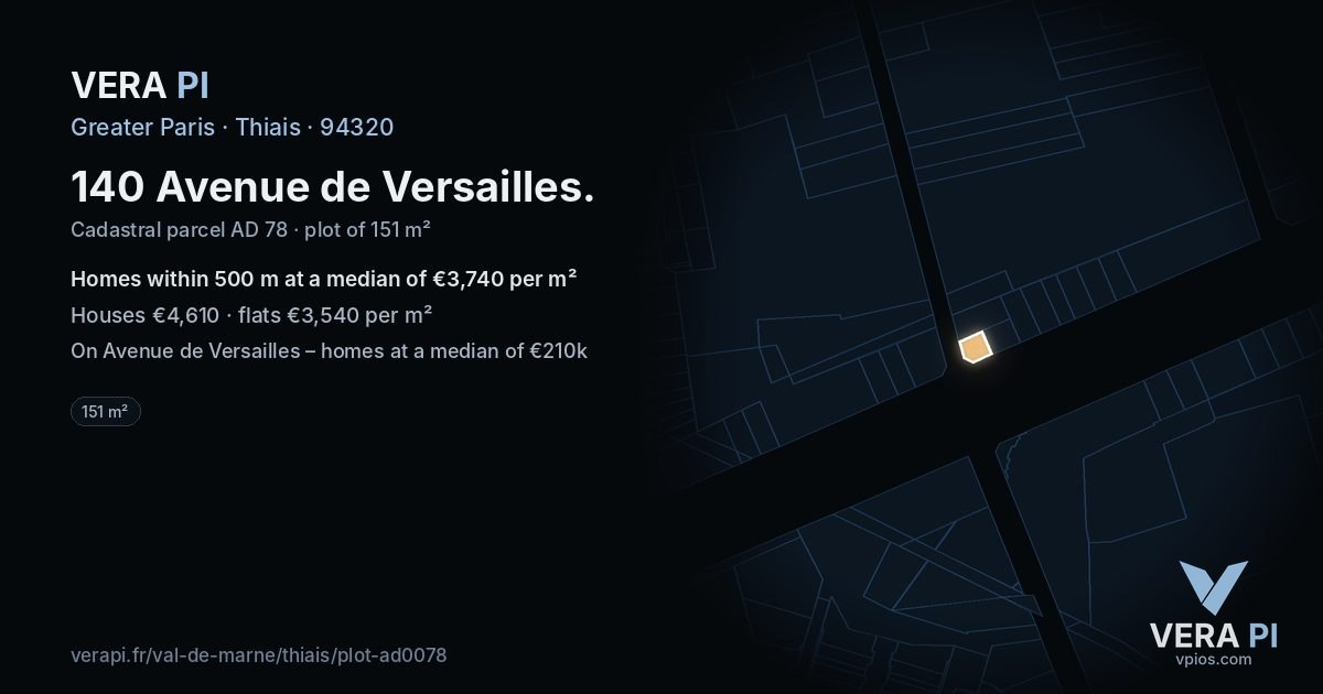 140 Avenue de Versailles, Thiais at night – the plot lit, the parcels around coloured by the prices near them