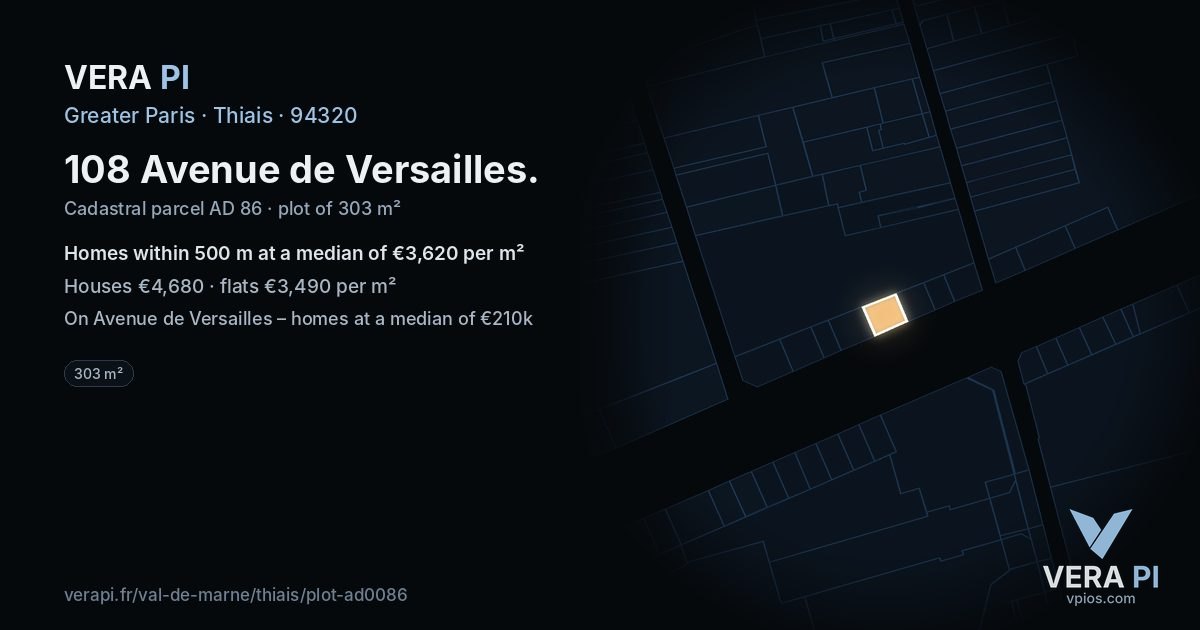 108 Avenue de Versailles, Thiais at night – the plot lit, the parcels around coloured by the prices near them