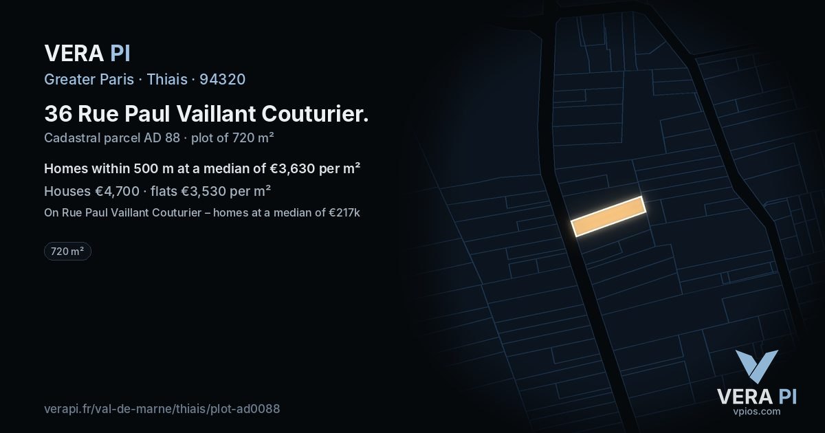36 Rue Paul Vaillant Couturier, Thiais at night – the plot lit, the parcels around coloured by the prices near them