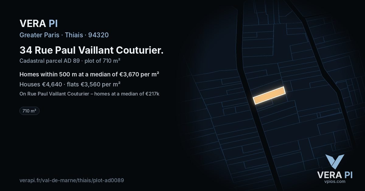 34 Rue Paul Vaillant Couturier, Thiais at night – the plot lit, the parcels around coloured by the prices near them