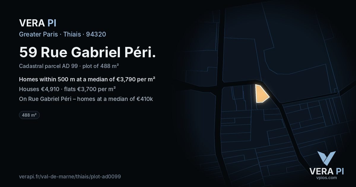 59 Rue Gabriel Péri, Thiais at night – the plot lit, the parcels around coloured by the prices near them