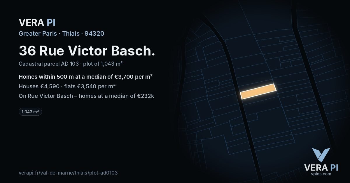 36 Rue Victor Basch, Thiais at night – the plot lit, the parcels around coloured by the prices near them