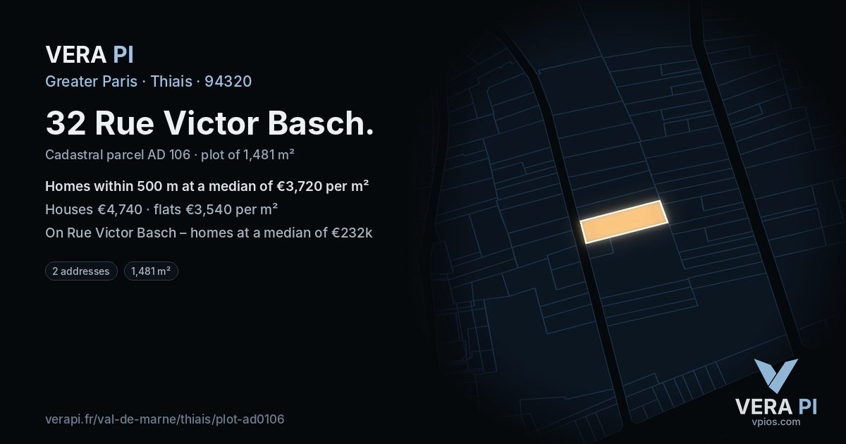 32 Rue Victor Basch, Thiais at night – the plot lit, the parcels around coloured by the prices near them