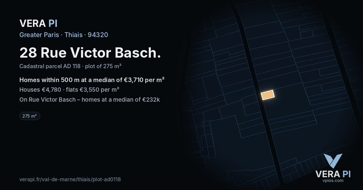 28 Rue Victor Basch, Thiais at night – the plot lit, the parcels around coloured by the prices near them
