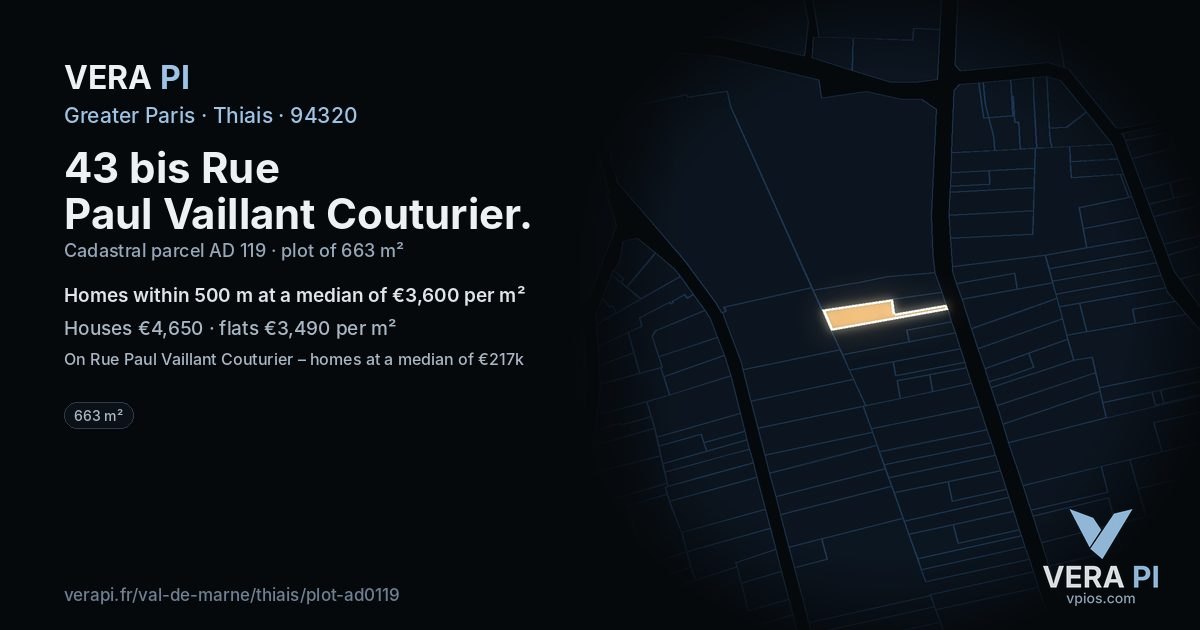 43 bis Rue Paul Vaillant Couturier, Thiais at night – the plot lit, the parcels around coloured by the prices near them