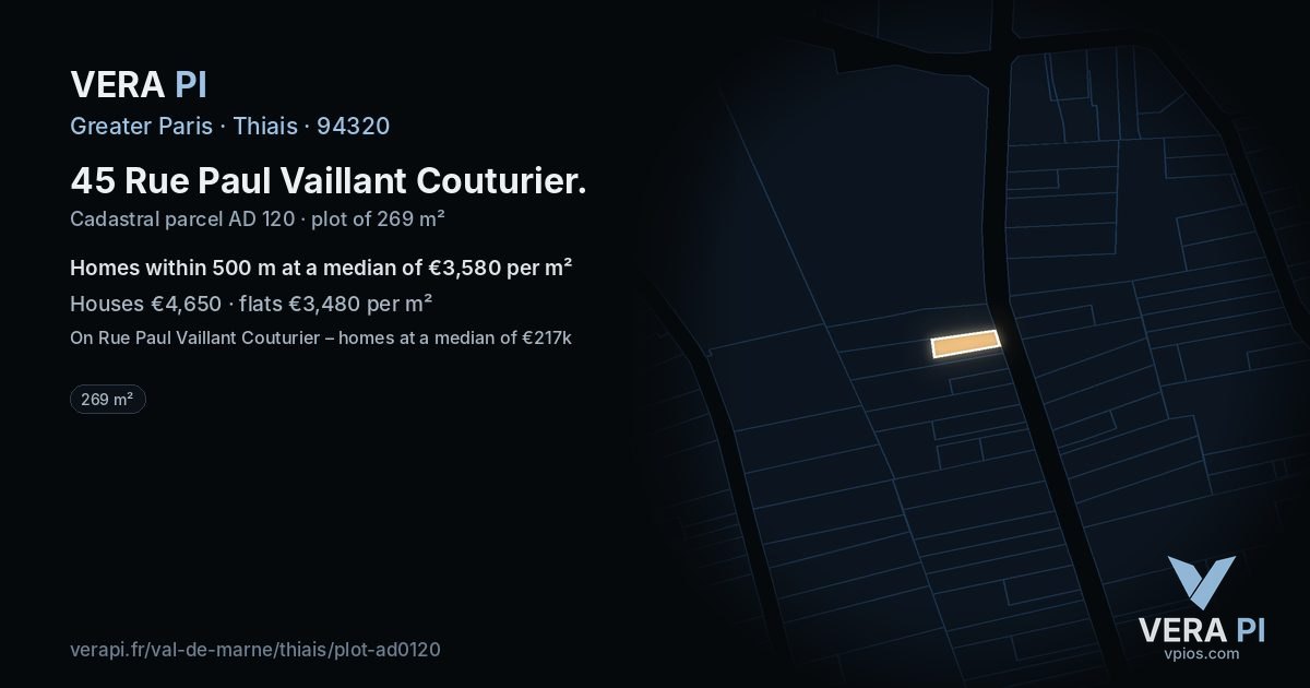 45 Rue Paul Vaillant Couturier, Thiais at night – the plot lit, the parcels around coloured by the prices near them