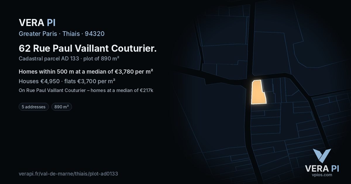 62 Rue Paul Vaillant Couturier, Thiais at night – the plot lit, the parcels around coloured by the prices near them