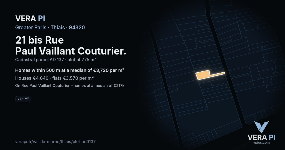 21 bis Rue Paul Vaillant Couturier, Thiais at night – the plot lit, the parcels around coloured by the prices near them