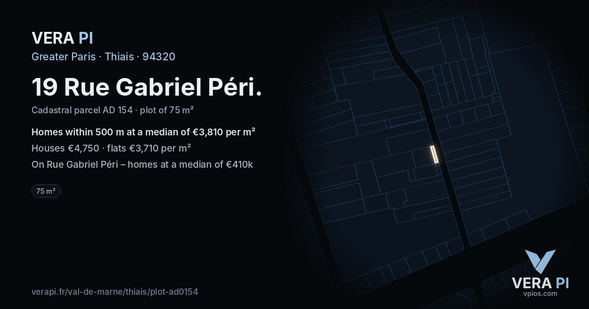 19 Rue Gabriel Péri, Thiais at night – the plot lit, the parcels around coloured by the prices near them