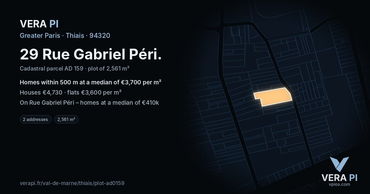 29 Rue Gabriel Péri, Thiais at night – the plot lit, the parcels around coloured by the prices near them