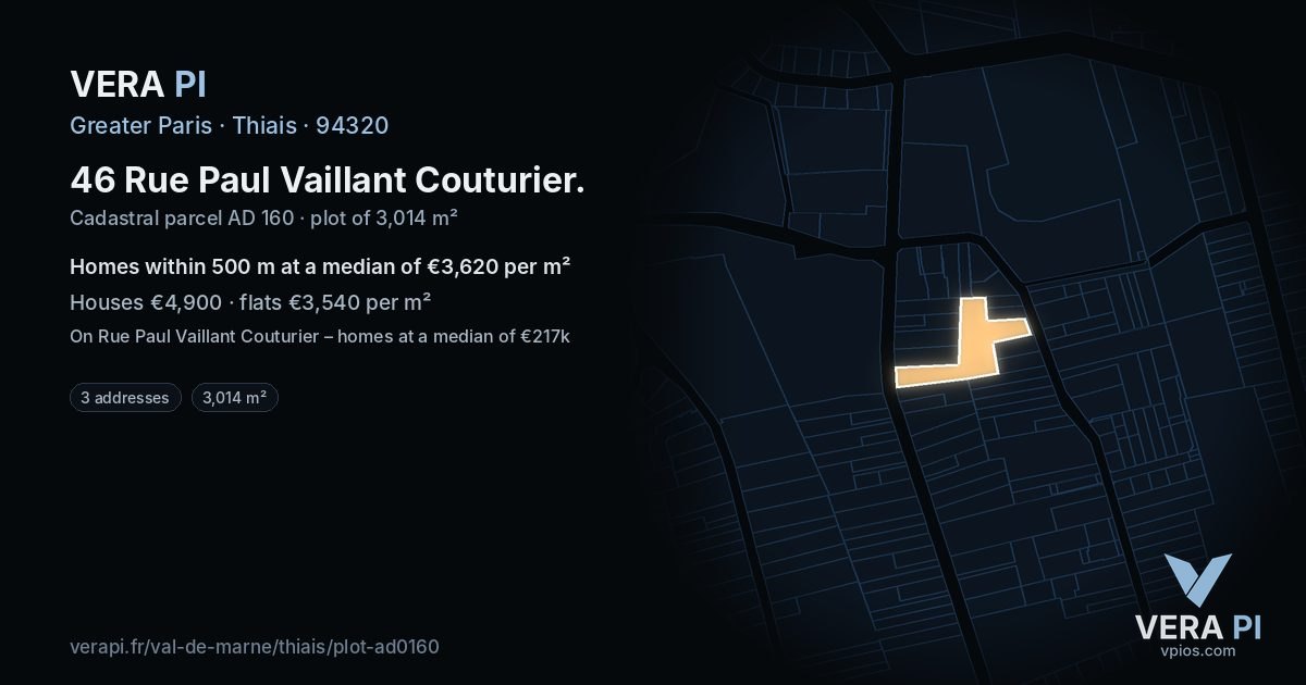 46 Rue Paul Vaillant Couturier, Thiais at night – the plot lit, the parcels around coloured by the prices near them