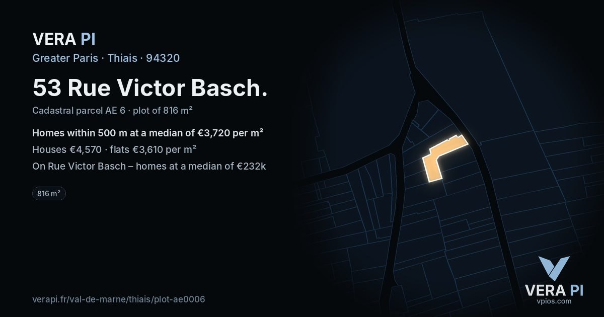 53 Rue Victor Basch, Thiais at night – the plot lit, the parcels around coloured by the prices near them