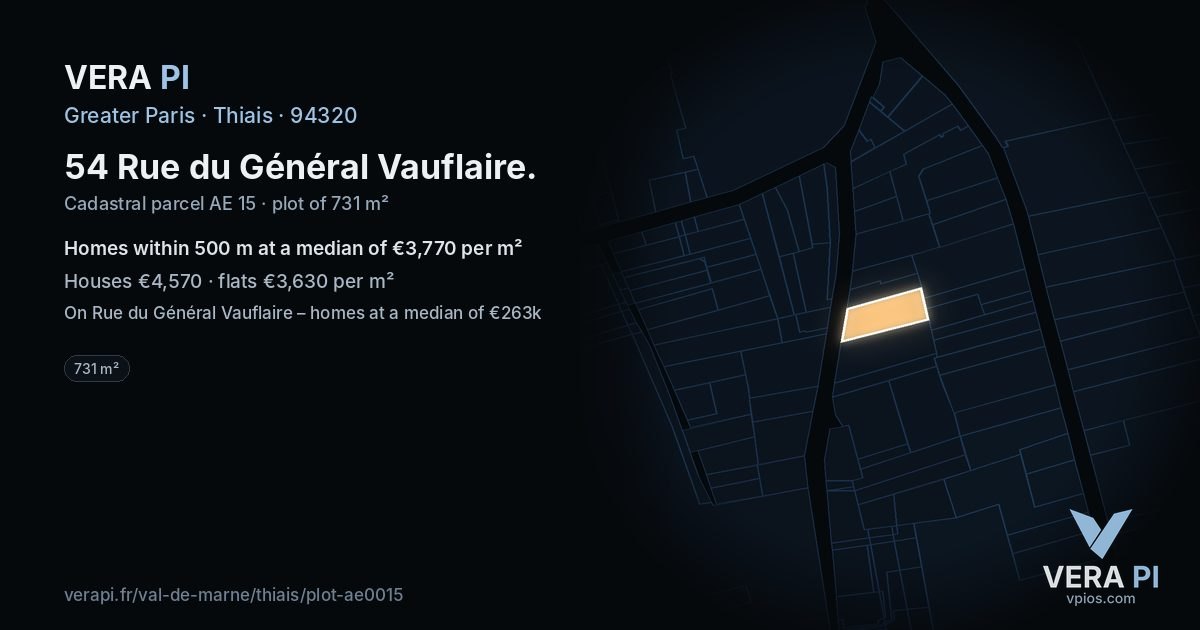 54 Rue du Général Vauflaire, Thiais at night – the plot lit, the parcels around coloured by the prices near them