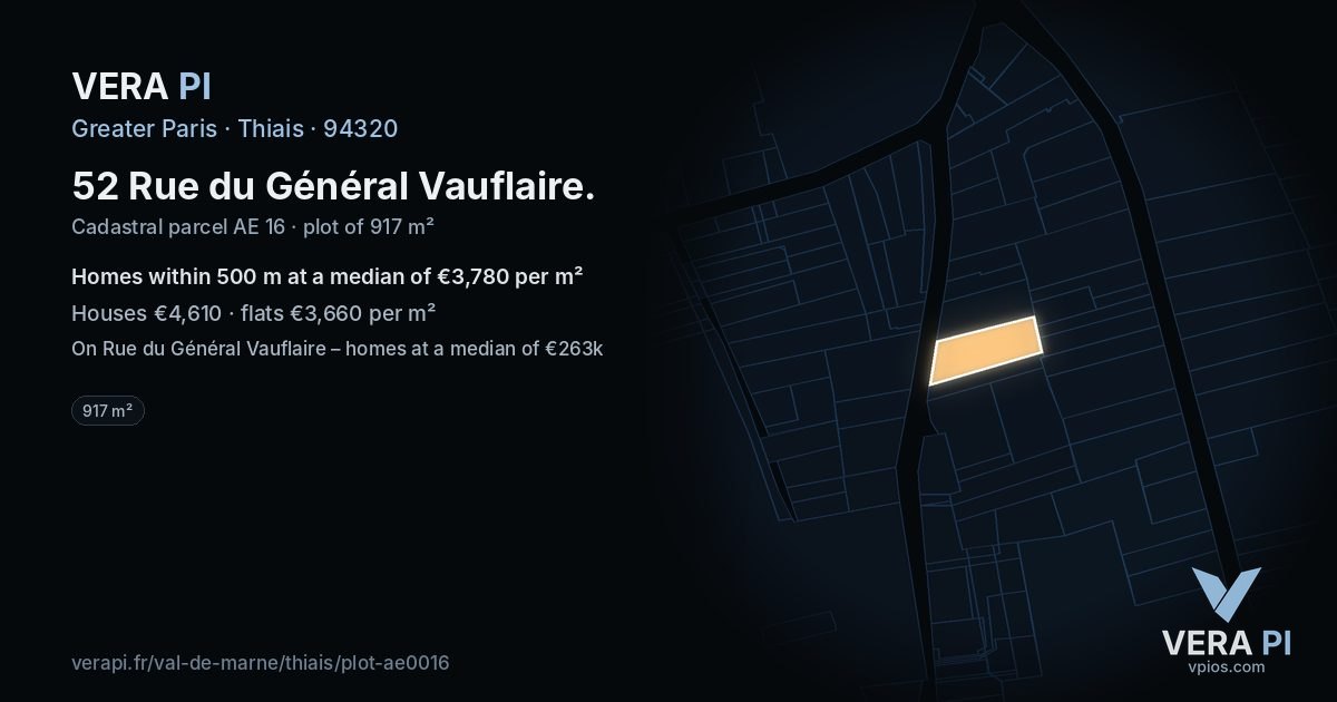 52 Rue du Général Vauflaire, Thiais at night – the plot lit, the parcels around coloured by the prices near them