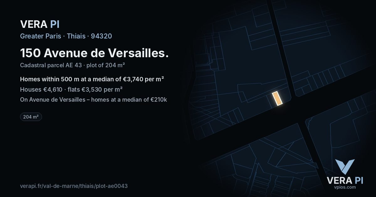 150 Avenue de Versailles, Thiais at night – the plot lit, the parcels around coloured by the prices near them