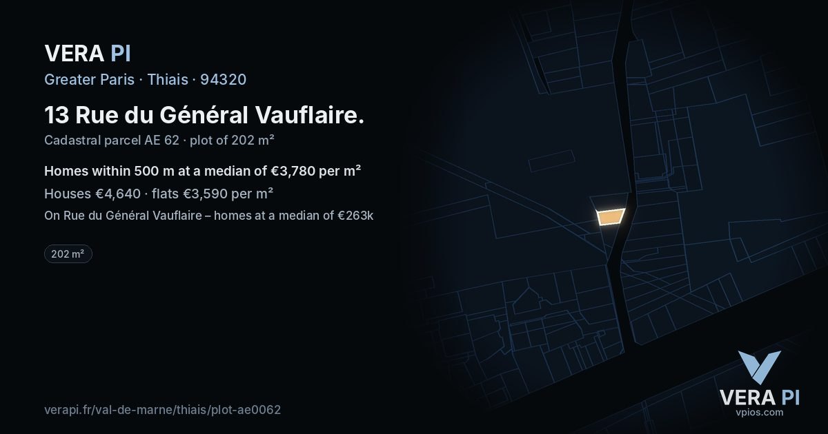 13 Rue du Général Vauflaire, Thiais at night – the plot lit, the parcels around coloured by the prices near them