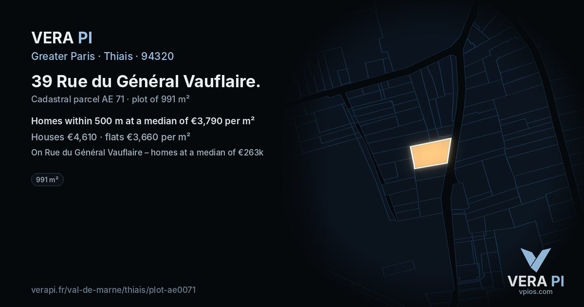 39 Rue du Général Vauflaire, Thiais at night – the plot lit, the parcels around coloured by the prices near them