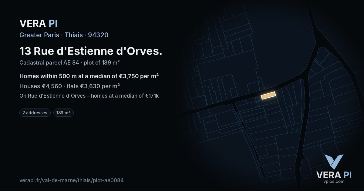 13 Rue d'Estienne d'Orves, Thiais at night – the plot lit, the parcels around coloured by the prices near them
