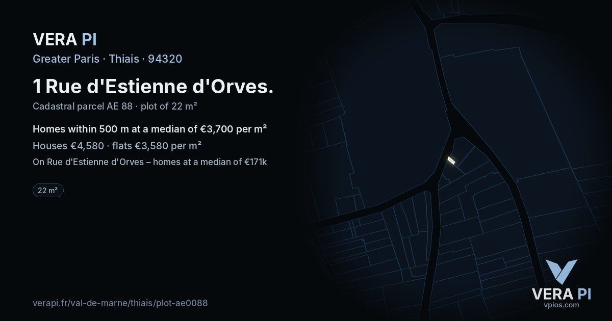 1 Rue d'Estienne d'Orves, Thiais at night – the plot lit, the parcels around coloured by the prices near them